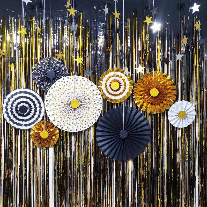 Hola Fiesta,Gold Black Paper Fans Flower for Halloween Party Decorations,black2,Set of 8 - Image 3